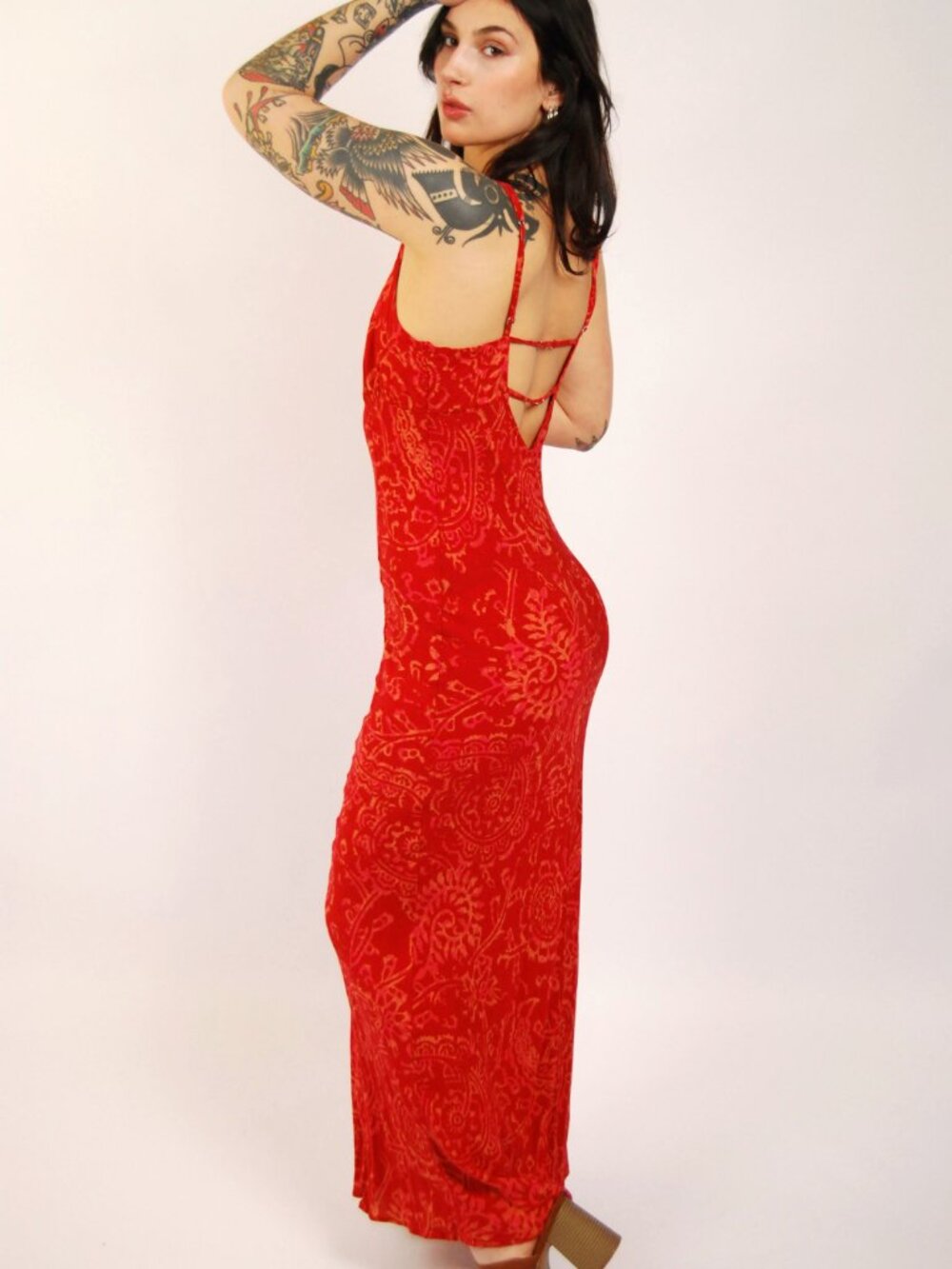 Y2K Free People Sundress (L) large red vintage maxi dress sleeveless print cute - Picture 2 of 10